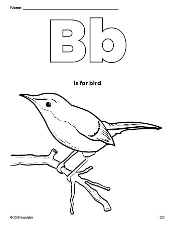 Free printable bird coloring page, letter b coloring page for preschool, pre-k, and kindergarten, PDF