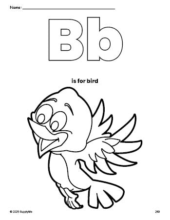 Free printable bird coloring page, letter b coloring page for preschool, pre-k, and kindergarten, PDF