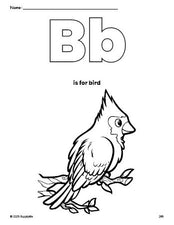 Free printable bird coloring page, letter b coloring page for preschool, pre-k, and kindergarten, PDF