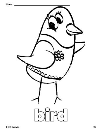 Free printable bird coloring page for preschool, pre-k, and kindergarten, PDF