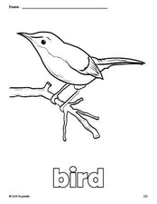 Free printable bird coloring page for preschool, pre-k, and kindergarten, PDF