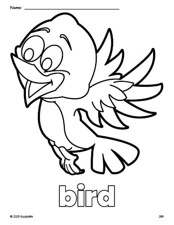 Free printable bird coloring page for preschool, pre-k, and kindergarten, PDF