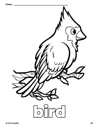 Free printable bird coloring page for preschool, pre-k, and kindergarten, PDF