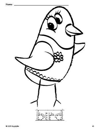 Free printable bird coloring page and word tracing worksheet, letter formation guides, perfect for preschool, pre-k, and kindergarten, PDF