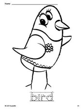 Free printable bird coloring page and word tracing worksheet, letter formation guides, perfect for preschool, pre-k, and kindergarten, PDF