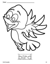 Free printable bird coloring page and word tracing worksheet, letter formation guides, perfect for preschool, pre-k, and kindergarten, PDF