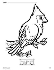 Free printable bird coloring page and word tracing worksheet, letter formation guides, perfect for preschool, pre-k, and kindergarten, PDF