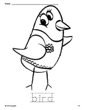 Free printable bird coloring page and word tracing worksheet, perfect for preschool, pre-k, and kindergarten, PDF