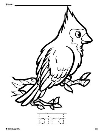 Free printable bird coloring page and word tracing worksheet, perfect for preschool, pre-k, and kindergarten, PDF