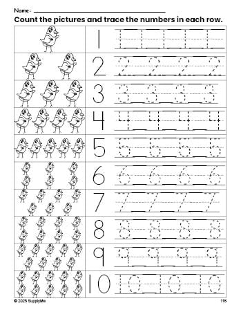 Free printable bird counting worksheet for preschool and pre-k with number tracing practice 1-10, PDF