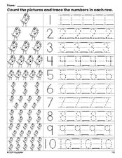 Free printable bird counting worksheet for preschool and pre-k with number tracing practice 1-10, PDF