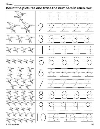 Free printable bird counting worksheet for preschool and pre-k with number tracing practice 1-10, PDF