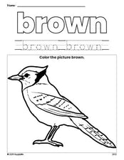 Free bluejay color brown coloring page and color worksheet, brown worksheet for preschoolers to learn colors, printable PDF