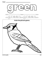 Free bluejay color green coloring page and color worksheet, green worksheet for preschoolers to learn colors, printable PDF