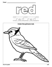 Free bluejay color red coloring page and color worksheet, red worksheet for preschoolers to learn colors, printable PDF