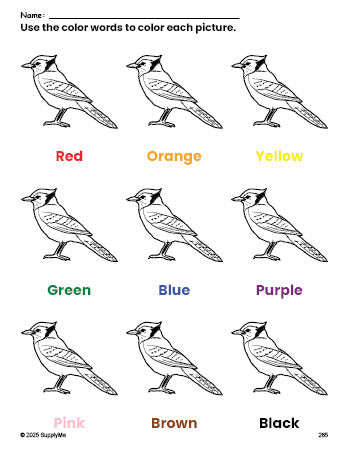 Free bluejay coloring page and color worksheet for preschoolers to learn colors, printable PDF