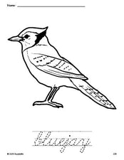 Free printable bluejay coloring page and cursive word tracing worksheet, perfect for preschool, pre-k, and kindergarten, PDF