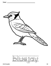 Free printable bluejay coloring page and word tracing worksheet, letter formation guides, perfect for preschool, pre-k, and kindergarten, PDF