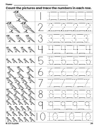 Free printable bluejay counting worksheet for preschool and pre-k with number tracing practice 1-10, PDF