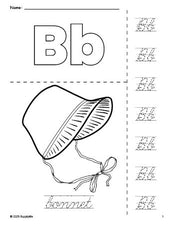 Free printable bonnet Thanksgiving coloring page and cursive letter tracing worksheet, letter b worksheet for preschool, pre-k, and kindergarten, PDF