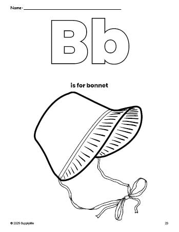 Free printable bonnet Thanksgiving coloring page, letter b coloring page for preschool, pre-k, and kindergarten, PDF