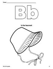 Free printable bonnet Thanksgiving coloring page, letter b coloring page for preschool, pre-k, and kindergarten, PDF