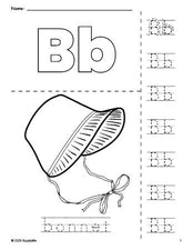 Free printable bonnet Thanksgiving coloring page and letter tracing worksheet, letter b worksheet for preschool, pre-k, and kindergarten, PDF