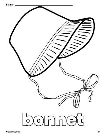 Free printable bonnet Thanksgiving coloring page for preschool, pre-k, and kindergarten, PDF