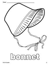 Free printable bonnet Thanksgiving coloring page for preschool, pre-k, and kindergarten, PDF