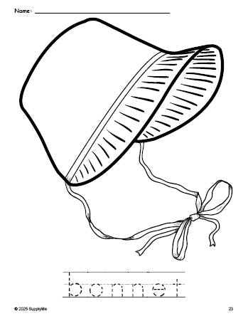 Free printable bonnet Thanksgiving coloring page and word tracing worksheet, perfect for preschool, pre-k, and kindergarten, PDF