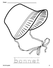 Free printable bonnet Thanksgiving coloring page and word tracing worksheet, perfect for preschool, pre-k, and kindergarten, PDF