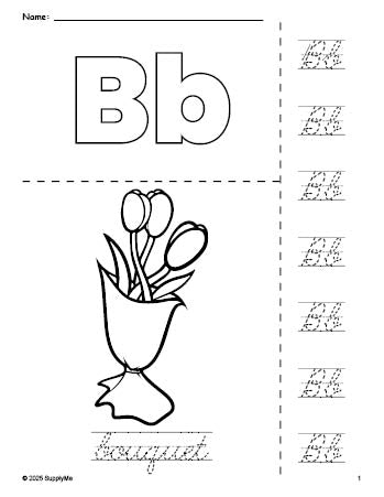 Free printable bouquet Valentine's Day coloring page and cursive letter tracing worksheet, letter b worksheet for preschool, pre-k, and kindergarten, PDF