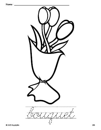 Free printable bouquet Valentine's Day coloring page and cursive word tracing worksheet, perfect for preschool, pre-k, and kindergarten, PDF