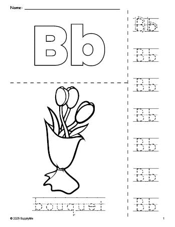 Free printable bouquet Valentine's Day coloring page and letter tracing worksheet, letter b worksheet for preschool, pre-k, and kindergarten, PDF