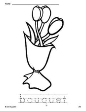 Free printable bouquet Valentine's Day coloring page and word tracing worksheet, perfect for preschool, pre-k, and kindergarten, PDF