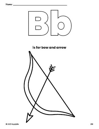 Free printable bow and arrow Valentine's Day coloring page, letter b coloring page for preschool, pre-k, and kindergarten, PDF