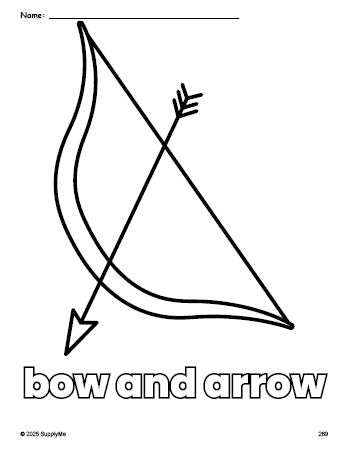 Free printable bow and arrow Valentine's Day coloring page for preschool, pre-k, and kindergarten, PDF