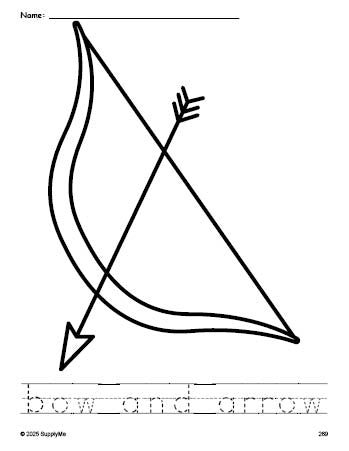 Free printable bow and arrow Valentine's Day coloring page and word tracing worksheet, perfect for preschool, pre-k, and kindergarten, PDF