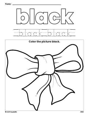 Free bow color black coloring page and color worksheet, black worksheet for preschoolers to learn colors, printable PDF