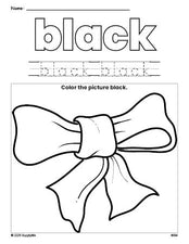 Free bow color black coloring page and color worksheet, black worksheet for preschoolers to learn colors, printable PDF