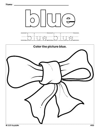 Free bow color blue coloring page and color worksheet, blue worksheet for preschoolers to learn colors, printable PDF