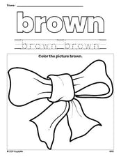 Free bow color brown coloring page and color worksheet, brown worksheet for preschoolers to learn colors, printable PDF