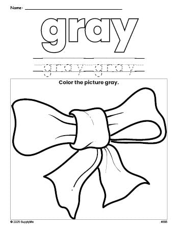 Free bow color gray coloring page and color worksheet, gray worksheet for preschoolers to learn colors, printable PDF