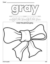 Free bow color gray coloring page and color worksheet, gray worksheet for preschoolers to learn colors, printable PDF