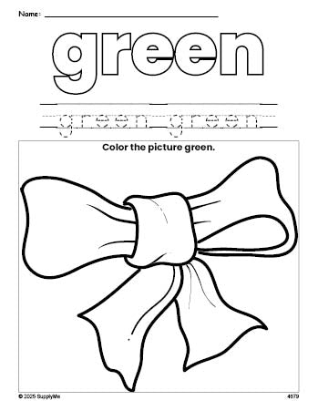 Free bow color green coloring page and color worksheet, green worksheet for preschoolers to learn colors, printable PDF