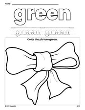 Free bow color green coloring page and color worksheet, green worksheet for preschoolers to learn colors, printable PDF