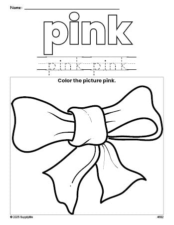 Free bow color pink coloring page and color worksheet, pink worksheet for preschoolers to learn colors, printable PDF