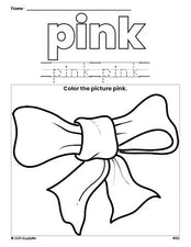 Free bow color pink coloring page and color worksheet, pink worksheet for preschoolers to learn colors, printable PDF