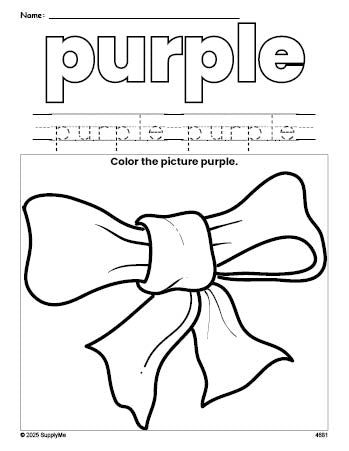 Free bow color purple coloring page and color worksheet, purple worksheet for preschoolers to learn colors, printable PDF