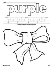 Free bow color purple coloring page and color worksheet, purple worksheet for preschoolers to learn colors, printable PDF